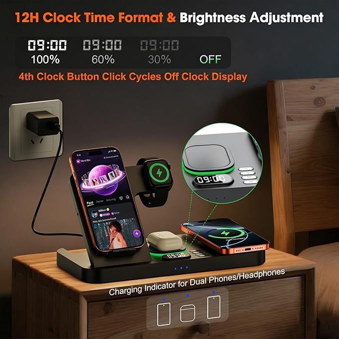 Dual Phone Magnetic Wireless Charging Station for Apple Devices/Apple Ecosystemwith Auto-Switch 7-Color Light &amp Clock Compatible with iPhone 17/16/15 for iWatch 11/10/9 &amp AirPods Pro3（Black