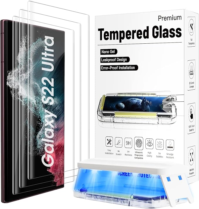 3 Pack【Auto Alignment】 3D Curved for S22 Ultra Screen Protector Samsung Galaxy 5gSamsung Galaxy S22 Ultra Tempered GlassFully Compatible with UltraSonic Fingerprint Scanner and S Pen