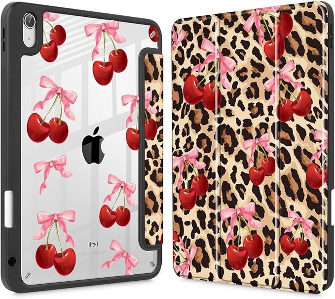 May Chen Case for iPad Air 13 Inch M4 2026 M3 2025 M2 2024 [Built-in Pencil Holder] Shockproof Cover with Clear Transparent Back Shell Auto Sleep/Wake Cover Cherry &amp Cheetah