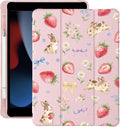 Cute Bunny Strawberry Bow for iPad Air5/Air4 Case with Pencil Holder Auto Sleep/Wake Pink Leather Soft TPU Back Cover for iPad 10.9 Inch 2022/2020