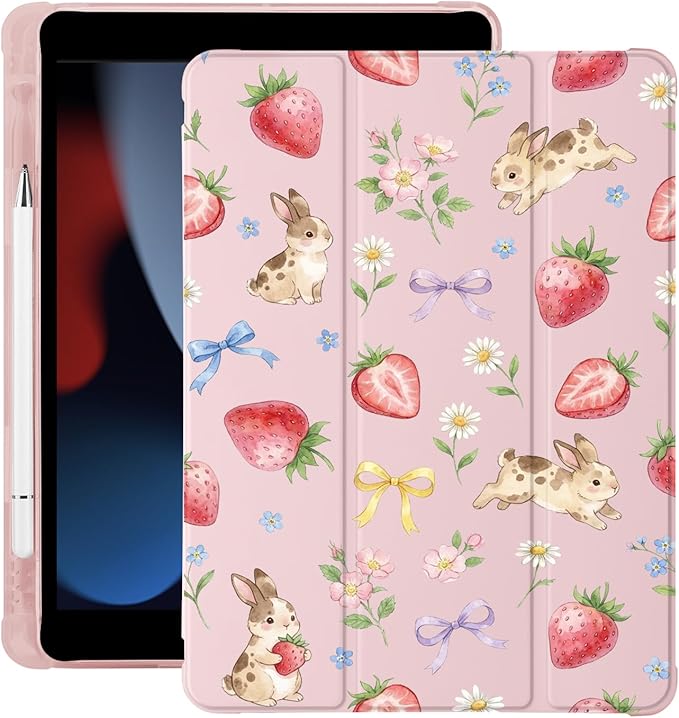 Cute Bunny Strawberry Bow for iPad Air5/Air4 Case with Pencil Holder Auto Sleep/Wake Pink Leather Soft TPU Back Cover for iPad 10.9 Inch 2022/2020