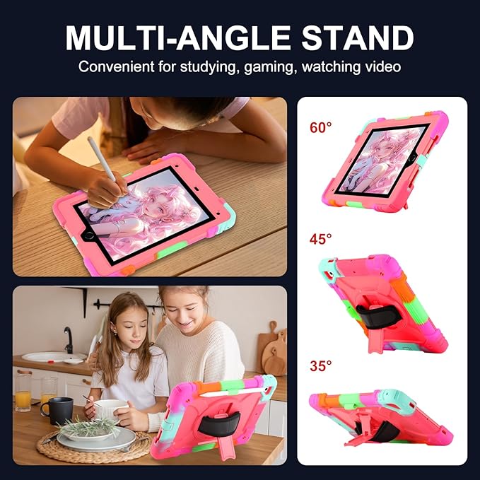 for iPad 6th Generation/iPad 5th Gen/iPad Air 2/iPad Pro 9.7 Case with Cute Key Chain Rugged Protective Case with Rotating Stand &amp Shoulder Hand Strap for iPad 6th/5th/ Air 2 (Rainbow Rose)