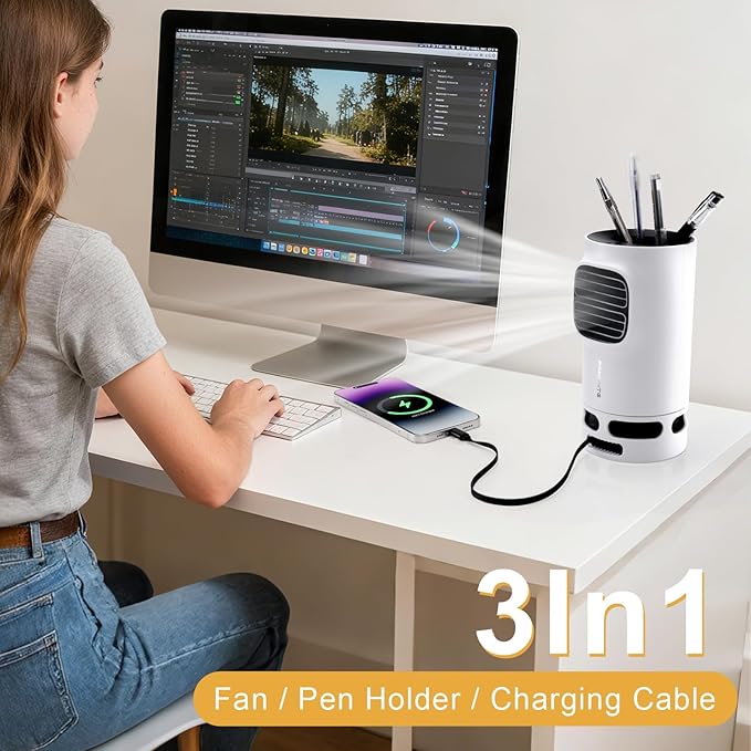 Pen Holder with Desktop Fan Charger Desk Organizer for Desk 15W Fast Wireless Charger with Pen Holder for Home Office Supplies Compatible with iPhone and Samsung