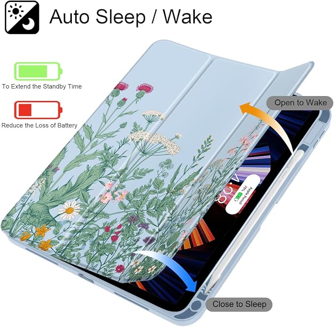 May Chen Case for iPad Air 13 Inch M4 2026 M3 2025 M2 2024 [Built-in Pencil Holder] Shockproof Cover with Clear Transparent Back Shell Auto Sleep/Wake Cover Herbs Flowers