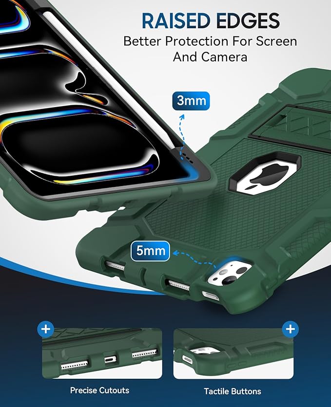 Case for iPad Pro 11 Inch Case (M5 2025/ M4 2024) with Pencil Holder Built-in Stand Military Grade Shockproof Protective Cover for iPad Pro 11 (Dark Green)