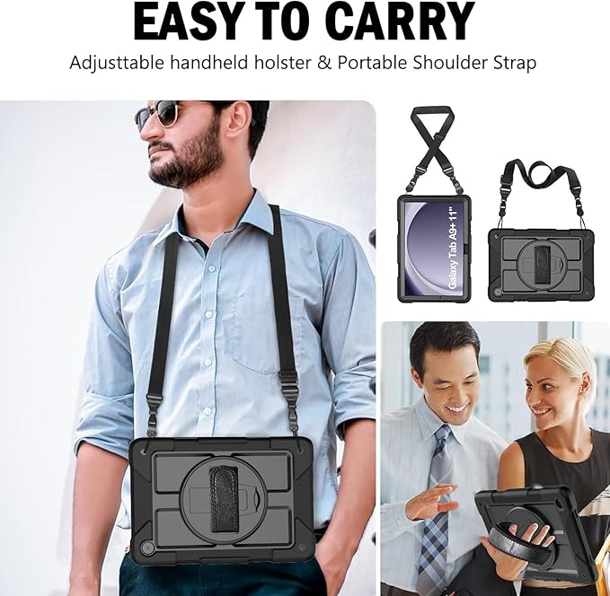 BMOUO for Samsung Galaxy Tab A9+ Plus Case 11 2023 (SM-X210/X216/X218) Shockproof Galaxy Tab A9 Plus Case with Rotating Stand and Hand/Shoulder Strap Black