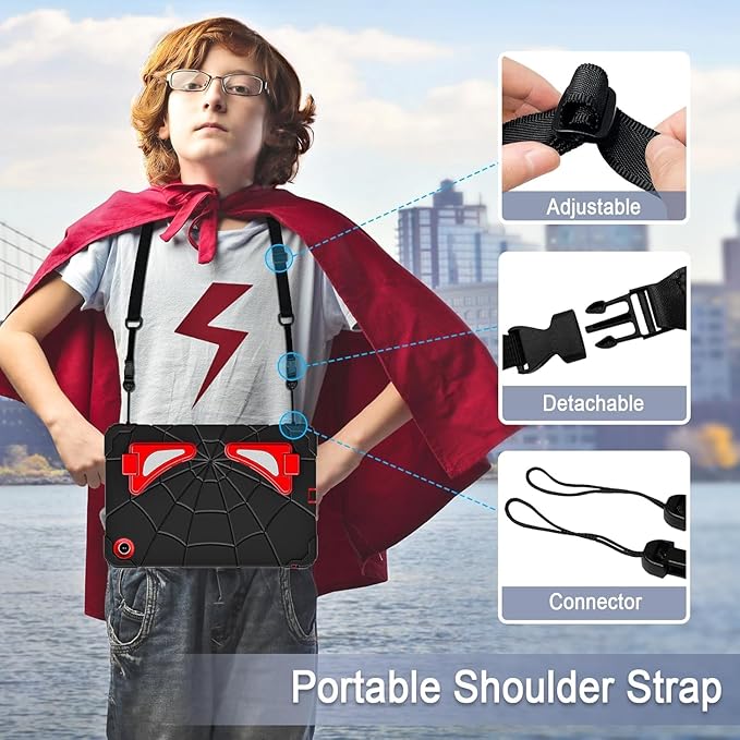 DreamerX for Samsung Galaxy Tab A9 Case 8.7 Inch 2023 (SM-X110/X115/X117) Heavy Duty Rugged Shockproof Silicone Cute Kawaii Protective Cover for Kids Boys w/Stand Carrying Shoulder Strap Black Red