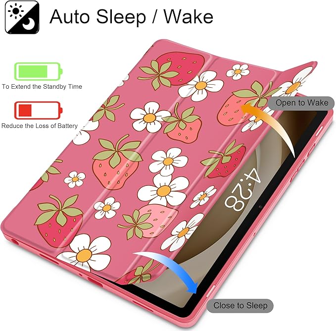 Tuiklol for Samsung Galaxy Tab A9+ Tablet 11” / A9+ Plus 2024 2023Buit-in S-Pen Holder with Clear Protective Cover Transparent Back Shell Auto Wake/Sleep Samsung Tab A9 Plus CoverStrawberries
