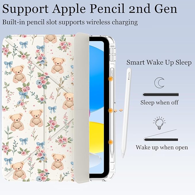 Cute Kawaii Bear Flower for iPad 7th/8th/9th Generation Case 10.2 Inch 2019/2020/2021 with Pencil Holder Auto Sleep/Wake White Leather Acrylic Back Detachable Cover