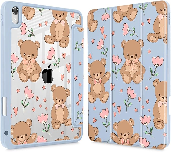 May Chen Case for iPad Air 13 Inch M4 2026 M3 2025 M2 2024 [Built-in Pencil Holder] Shockproof Cover with Clear Transparent Back Shell Auto Sleep/Wake Cover Cute Teddy Bear