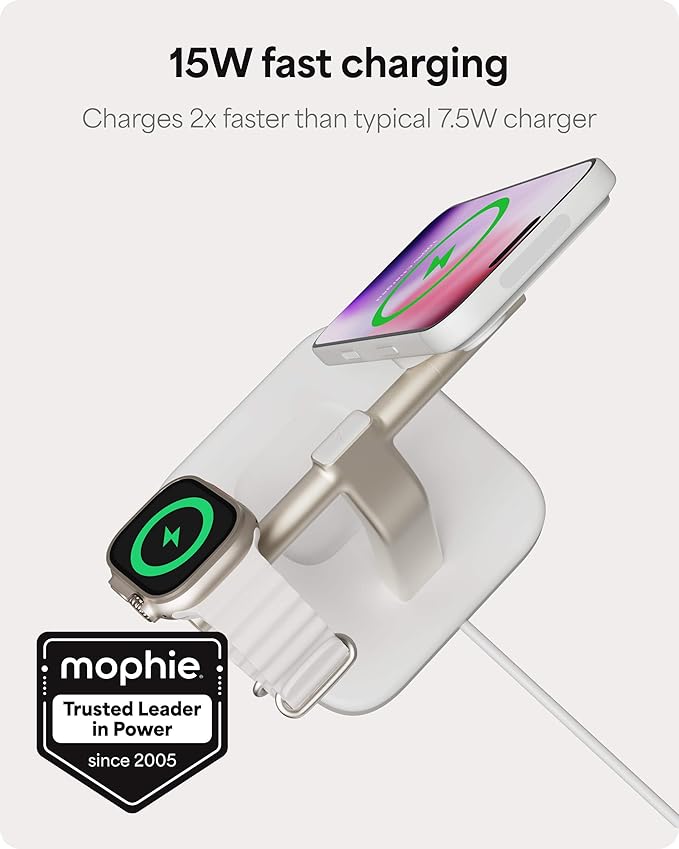 Mophie Wireless Charging Stand - Qi2-Certified MagSafe Charger for iPhone – Magnetic Fast Wireless Charger with Adjustable Phone Stand &amp Cable Management – Up to 15W Power