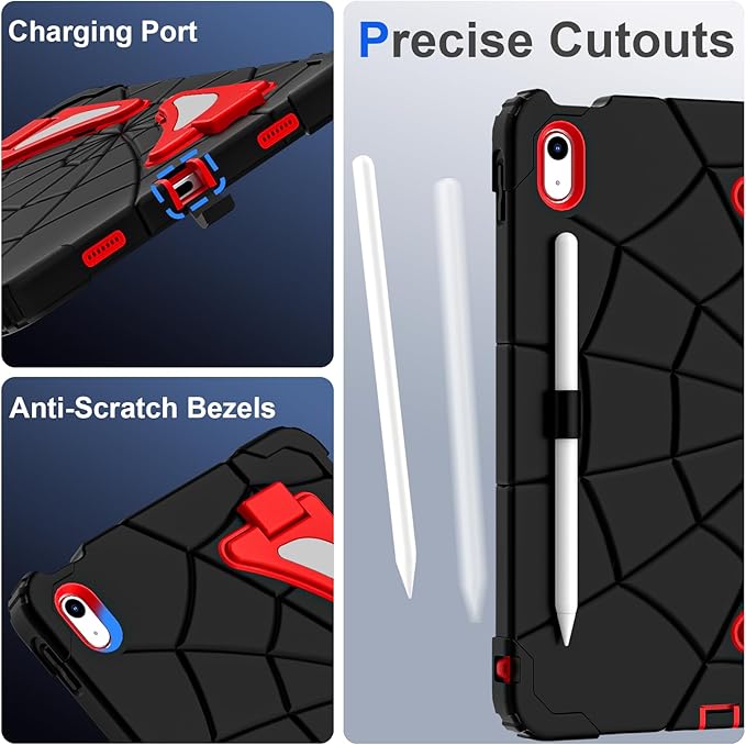 Kids Case for iPad 10th/11th Gen (10.9/11 Inch 2022/2025 A16) – Shockproof 360° Full-Body Protection Cover with Screen Protector Stand &amp Pencil Holder – Boys’ Anti-Drop Design-Black Red