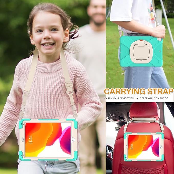 BRAECN Silicone Case for 9.7 Inch iPad 6th/5th Generation Full-Body Protective Case with 360° Rotating&amp180 ° Folding Hand GripPencil Holder Kickstand Shoulder Strap for iPad 6th/5th Gen-Mint G