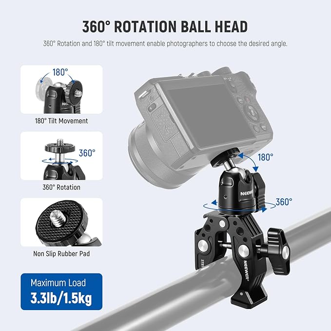 Neewer Super Clamp with Ballhead Cold Shoe Phone Holder and Action Camera Mount Adapter for Flat/Round Surface Compatible with GoPro DJI iPhone 15 Pro Max ST87