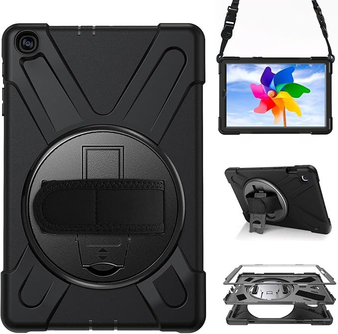 Case for Samsung Galaxy Tab A 10.1 2019 (SM-T510/T515/T517)Portable Heavy Duty Dropproof Protective Cover Case with 360 Rotating StandHandle &amp Shoulder StrapStylus Pen (New Black)