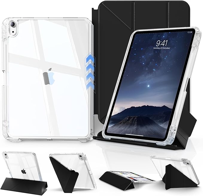 JKSML Case for iPad (A16) 11th/10th Gen with 8+ Viewing Angles DIY Detachable Sliding Cover Fully Clear Hard Back Shell Solid Y-fold Stand Pencil Holder for iPad 10.9 (2022)/ 11 (2025)-Black-1