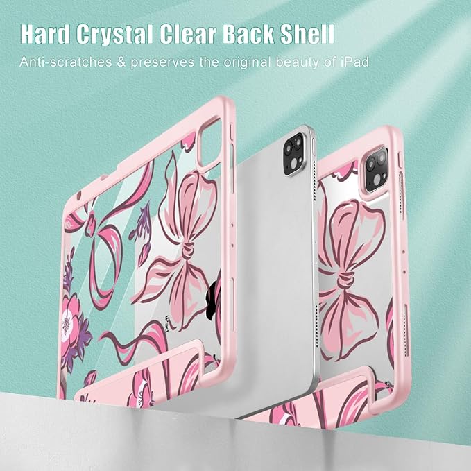 Mektron Case for iPad Pro 11 inch (4th 3rd 2nd &amp 1st Gen) 2022 2021 2020 2018 Buit in Pencil Holder with Shockproof Cover Clear Shell + Auto Wake/Sleep Flowers-Bows-Pink