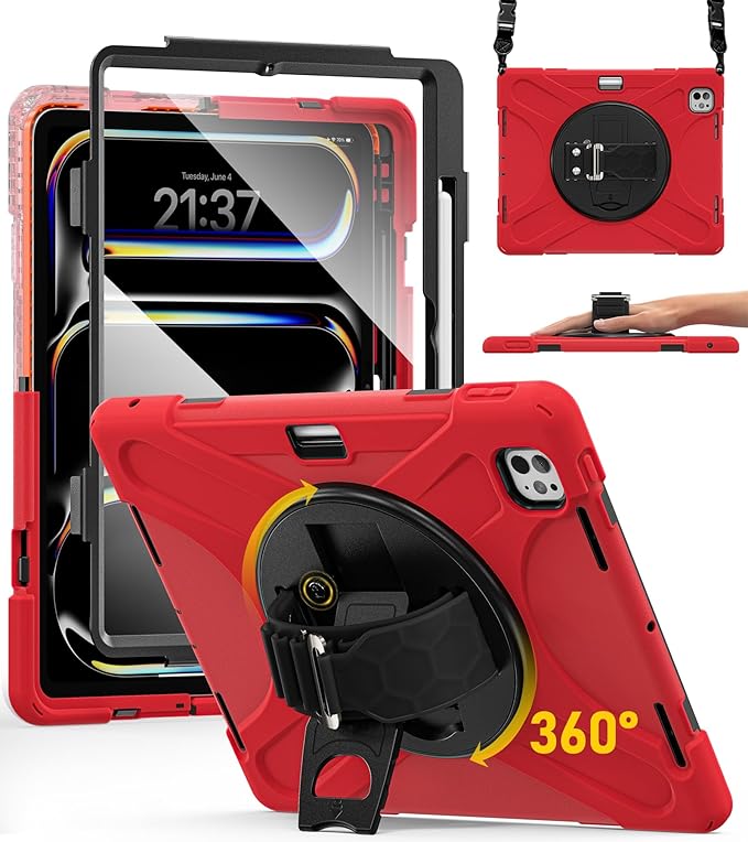 BRAECN for iPad Pro 13 inch Case M5 2025 &amp M4 2024 Heavy Duty Shockproof Protective with Pencil Holder Screen Protector 360°Rotating Stand Handle &amp Shoulder Strap Full Body Cover Kids Friendly