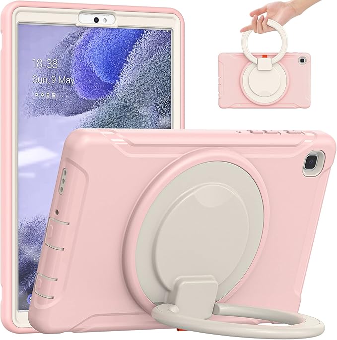 Shockproof Case for Samsung Galaxy Tab A7 Lite 8.7 Tablet Techcircle Rotating Stand Handle Heavy Duty Bumper Hybrid Cover Protective Case for Galaxy Tab A7 Lite (2021) SM-T220/T225 Baby Pink