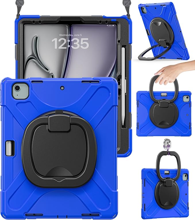 BRAECN for iPad Air 13 Inch Case M4 2026/M3 2025/M2 2024 iPad Pro 12.9 (6th/5th/4th/3rd Gen) Heavy Duty Shockproof Cover with Pencil Holder Rotating Handle Grip Kickstand Shoulder Strap Blue