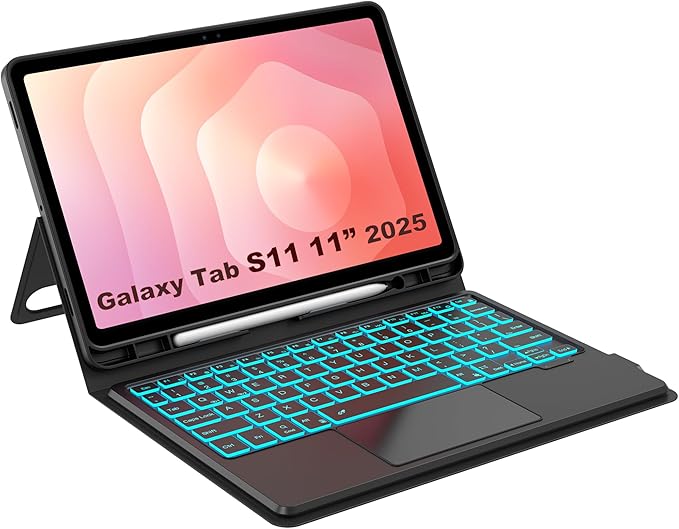Touch Keyboard Case for Samsung Galaxy Tab S11 11 inch - Folio Combo Wireless Smart Touch Trackpad Keyboard Tablet Cover - 7 Colors Backlit Keyboard with S Pen Holder for Galaxy Tab S11 112025 Black