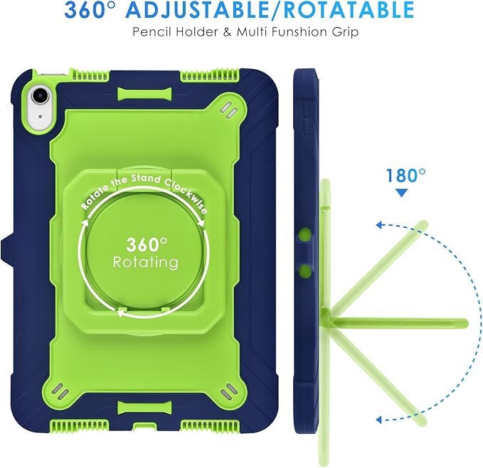 DETUOSI Case for iPad (A16) 11th Generation 11 Inch 2025 Shockproof Cover with 360°Rotatable Stand &amp Shoulder Strap Heavy Duty Case for iPad 10th Gen 10.9 Inch Dark Blue + Green