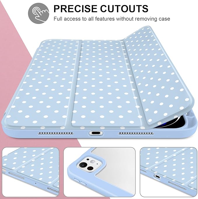 Case for iPad Pro 11 Inch (M5 2025 M4 2024) – [Built-in Pencil Holder] Shockproof &amp Stylish Clear Hard Back + Soft TPU Edge Magnetic Trifold Stand Auto Wake/Sleep Blue White dot