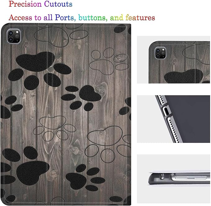 Case for iPad Pro 13 Inch M4 (iPad 7th Generation 2024)Adjustable Stand Auto Wake/Sleep Function Full Body Protection Cover - Dog Paw Print on Wood