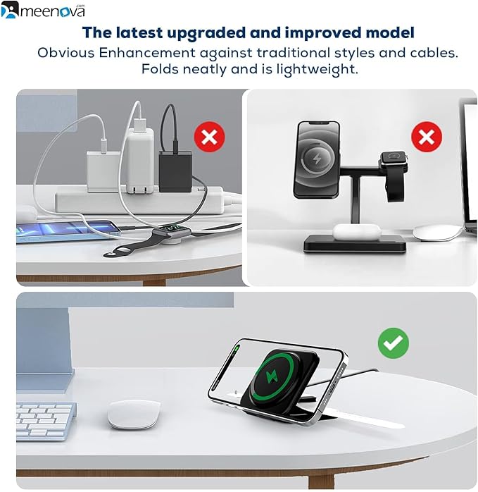 Meenova Foldable 3 in 1 Wireless Charger Compatible with MagSafe Apple iPhone 15 14 13 12 Watch AirPods Lightweight PortableStrong Magnetic Attraction Suitable for Outdoor Offices etc. (Black)