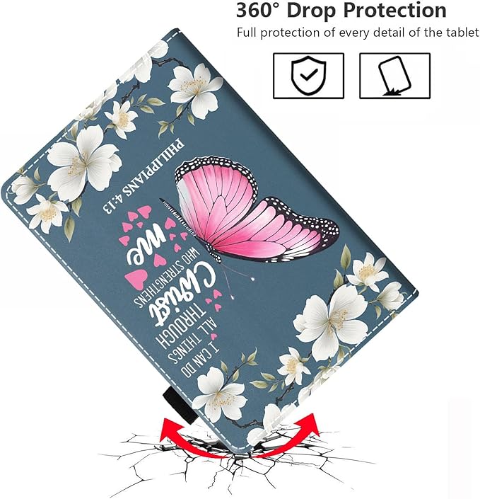 Case for Amazon Kindle Fire HD 10 &amp 10 Plus Tablet 10.1 (13th/11th Generation 2023/2021 Release) - Premium PU Leather Cover with Auto Sleep Wake Floral Butterfly Bible Verse Philippians 4:13