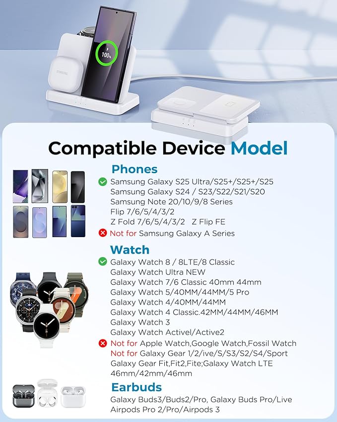 EGV Wireless Charger for Samsung – 3 in 1 Wireless Charging Station for Galaxy S26 Ultra S25 S24 Z Fold Flip 7/6 Detachable Watch Charger for Galaxy Ultra 8/7/6 Foldable Fast Charging White