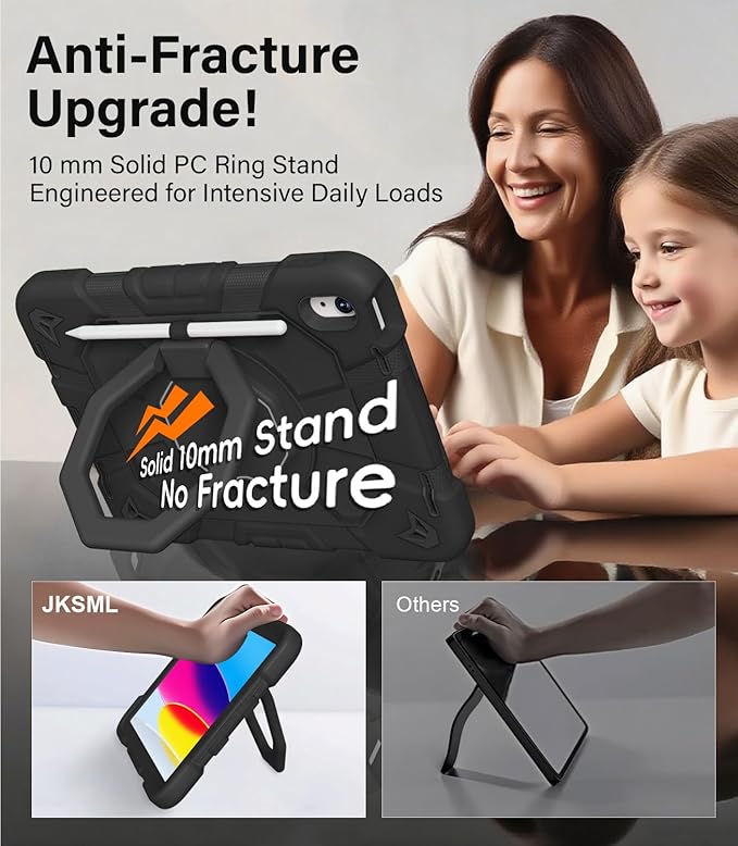 JKSML Case for iPad (A16) 11th/10th Gen | 360° Rugged Rotating Stand | Pencil Holder | Adjustable Shoulder Strap | Heavy Duty Drop Protective Cover for iPad 10.9 (2022)/ 11 (2025) - Black-z