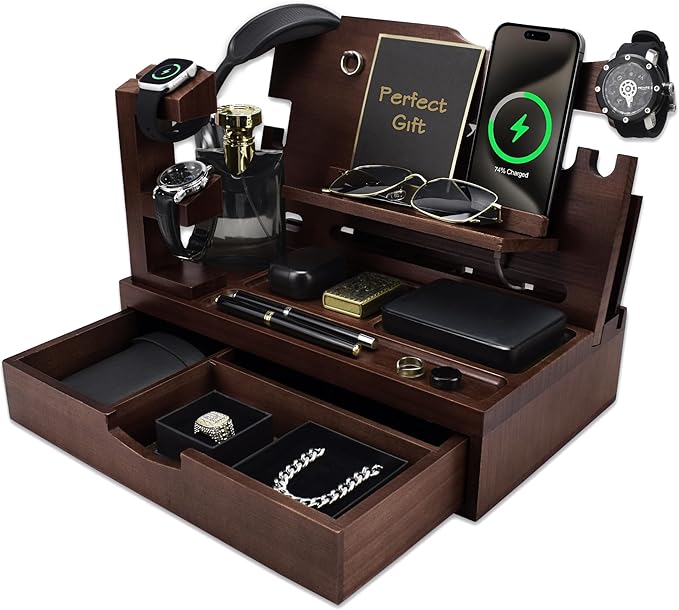 Nightstand Organizer for Men with Large Drawer Wood Phone Docking Station for Phone Apple Watch Wallet &amp Keys Ideal Birthday Gift for Father Husband Bedside Desk Organizer (Espresso)