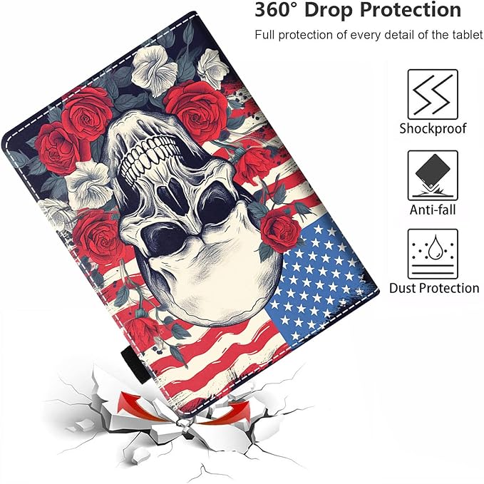 Case for Amazon Kindle Fire HD 10 Tablet 10.1 (9th/7th Generation 2019/2017 Release) Slim PU Leather Stand Cover with Card Slot &amp Auto Wake/Sleep American Flag Skull Roses
