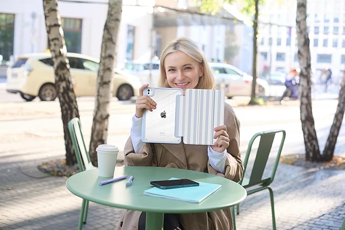 MecBevia Case for iPad Pro 11 inch M5 2025 / M4 2024 (6th/5th Gen) A3357 A3358 A3359 A2836 A2837 A3006 – Built-in Pencil Holder &amp Auto Wake/Sleep Blue Stripes