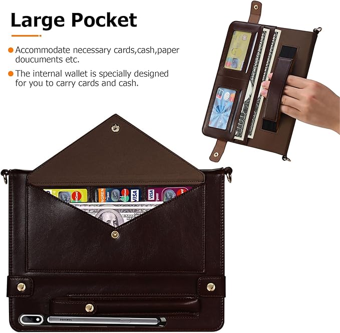 Dteck Case for Galaxy Tab S10 Plus/S9 Plus/S8 Plus+/S7 FE/S7 Plus 12.4 inchPU Leather Fold Business Stand Protective Cover with Pen Holder Card Slots Shoulder Hand Strap Handbag Wallet CaseBrown