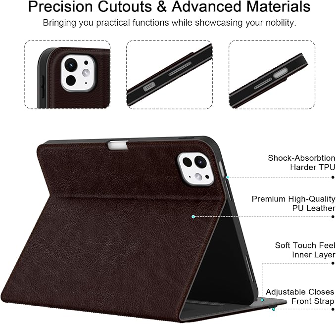 Case for iPad Pro 11 inch (M5/M4) 2025/2024 Multi-Angle PU Leather Cover for i Pad Pro 11 with Pencil Holder/Hand Strap/Pocket Auto Wake/Sleep Dark Brown