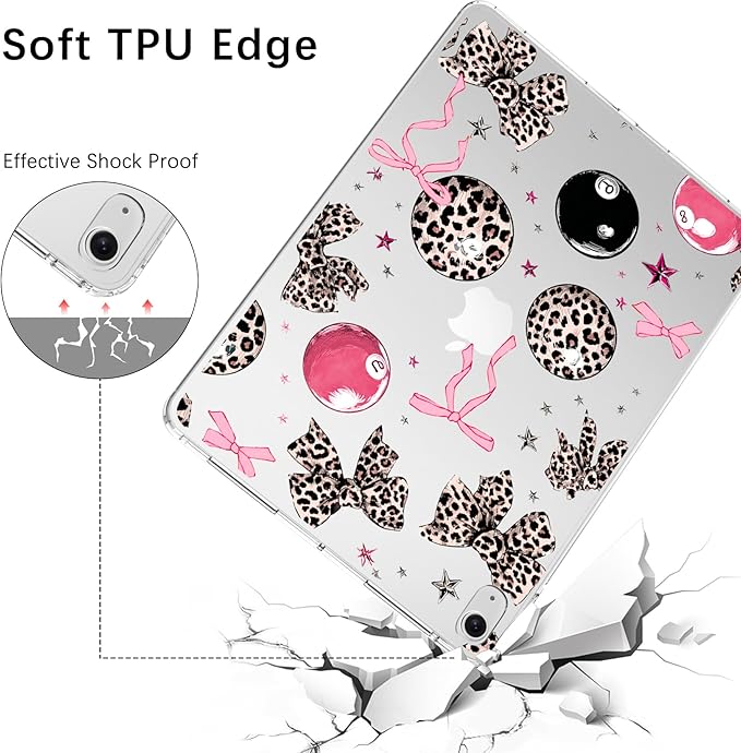 for 12.9 iPad Pro 6th/5th/4th/3rd Gen (2022/2021/2020/2018)Cute Y2k Leopard Print Bow Clear CaseSlim Lightweight Anti-Scratch Soft TPU Bumper Hard Acrylic Back Cover for Women