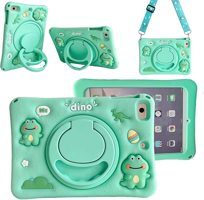 3D Cute Press Dinosaur Case for iPad 10th Gen (2022) 10.9 inch/iPad (A16) 11th 2025 11 inchCartoon Character Dinosaur Soft Silicone Rotating Stand Case with Lanyard for Kids Teens Girls Women