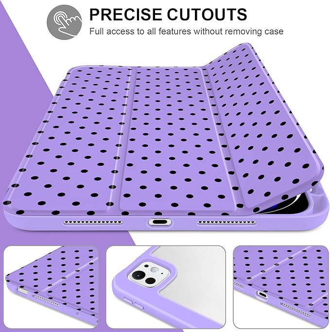 Case for iPad Pro 11 Inch (M5 2025 M4 2024) – [Built-in Pencil Holder] Shockproof &amp Stylish Clear Hard Back + Soft TPU Edge Magnetic Trifold Stand Auto Wake/Sleep Purple Polka dot