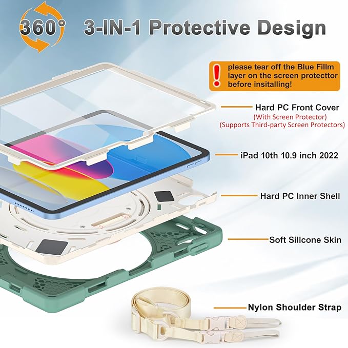 BRAECNstock Case for Apple iPad (A16) 11th/10th Generation 11/10.9'' 2025/2022 Shockproof Protective Case with Screen Protector Pencil Holder Rotating Stand&ampHand Strap Emerald Green