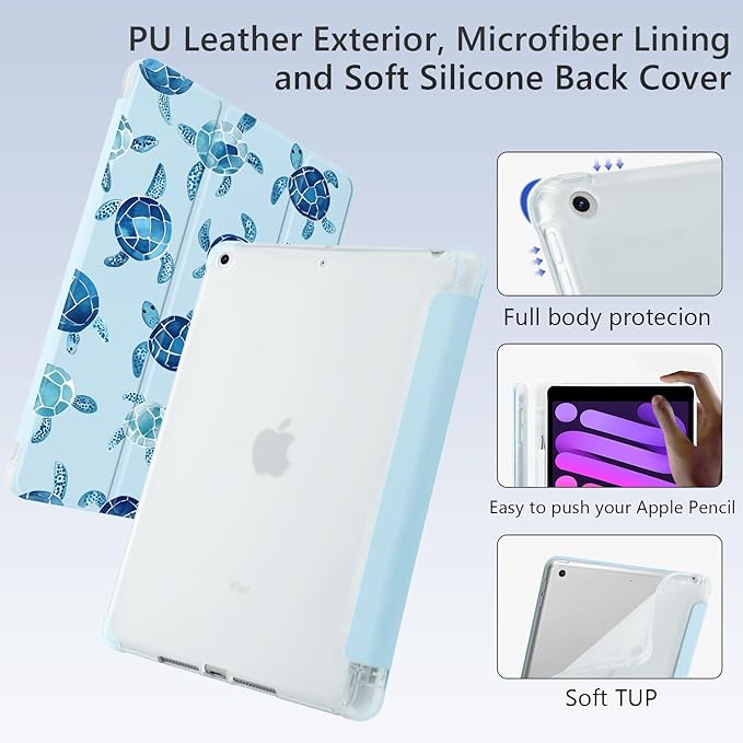 Cute Blue Sea Turtle for iPad Pro 11 Inch Case 4th/3rd/2nd Generation 2022/2021/2020 with Pencil Holder Auto Sleep/Wake Blue Leather Soft TPU Back Cover