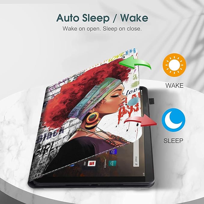 Case Fits Amazon Kindle Fire HD 8 &amp 8 Plus Tablet(12th Generation/10th Generation 2022/2020 Release) 8Multi-Angle Smart Stand Cover Auto Sleep/WakeAfrican Black Woman Graffiti Girls with Red Ha