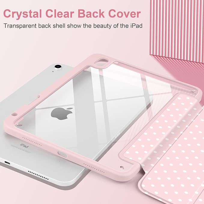 Case for iPad A16 11th Generation 11 inch 2025 iPad 10th Generation 10.9 inch 2022 -[Built-in Pencil Holder] Shockproof Clear Hard Back Trifold Stand Auto Wake/Sleep Pink White dot
