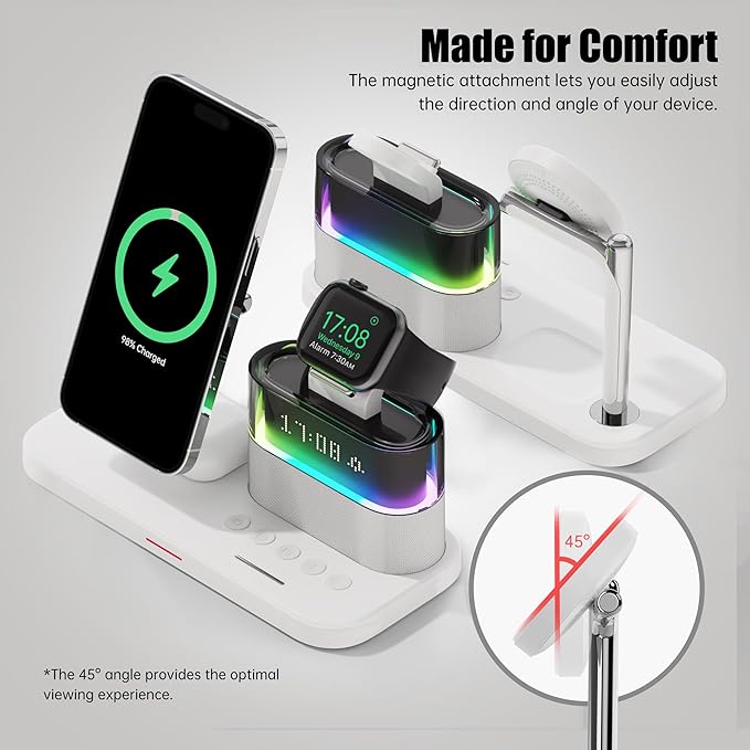15W 5 in 1 Wireless Charging Station with Alarm Clock for Apple Magnetic Wireless Charger with Clock for iPhone 17/16/15/14/13/12 iWatch Ultra10/9/8/7/6 Pods