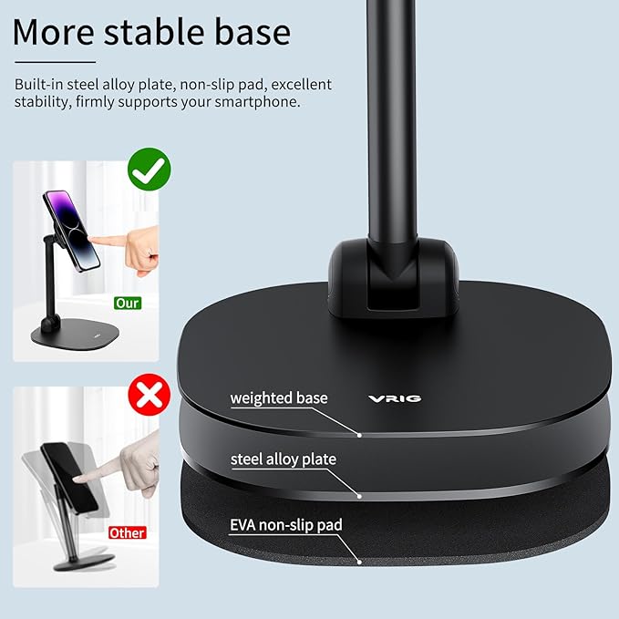 VRIG Magnetic Desk Phone Stand for Office/Home 360°Rotation Wireless Charger Phone Holder with Magnetic Ring Height&ampTilt Adjustable Cell Phone Stand for iPhone 16 15 14 13 12 and More/Android