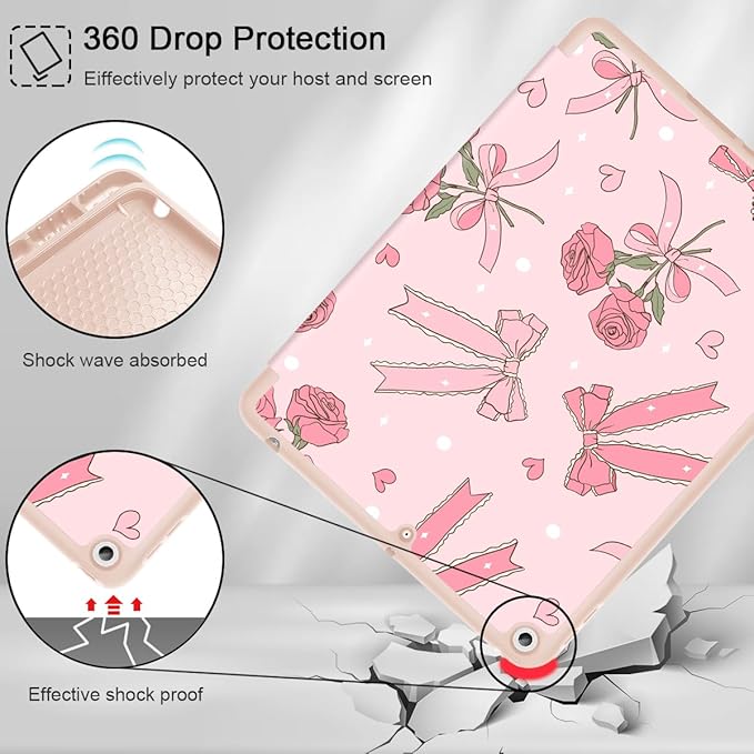 Tuiklol Case for iPad 10.2 Inch 2021 2020 2018 Release 9th / 8th / 7th Generation Built-in Pencil Holder TPU Protective Stand Back Cover Trifold Stand-Auto Wake/Sleep Bow &amp Rose
