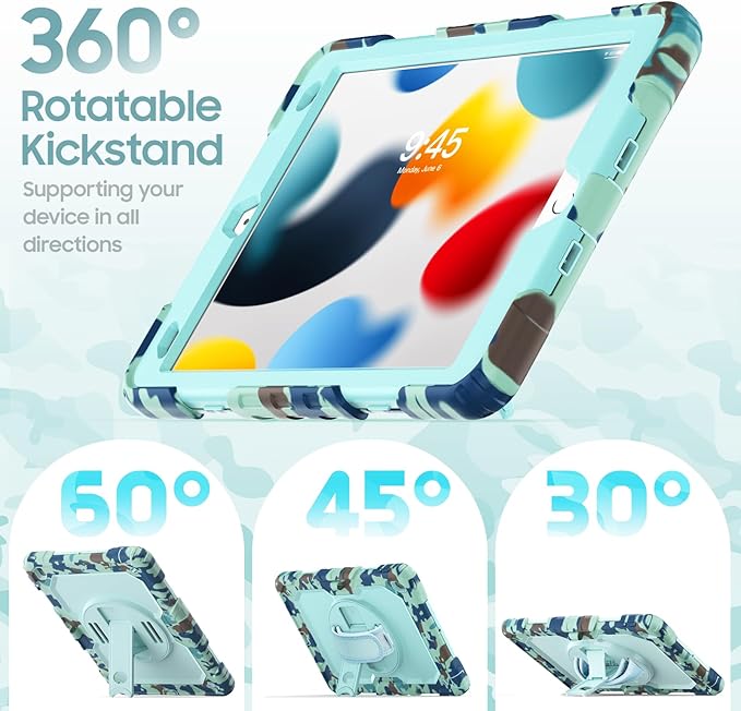 Case for iPad 9th/ 8th/ 7th Generation 10.2'' Shockproof 360° Rotating Hand Strap &amp Kickstand Protective Cover with Screen Pencil Holder for iPad 10.2 inch 2021-2019 Camo Blue