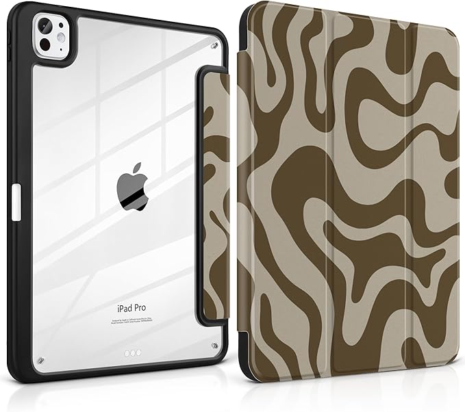 TWOLSKOO Case for iPad Pro 11-inch (M5 2025 / M4 2024) Clear Acrylic Back with TPU Bumper Pencil Holder Trifold Stand Auto Sleep/Wake Brown Waves