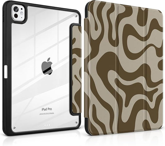 TWOLSKOO Case for iPad Pro 11-inch (M5 2025 / M4 2024) Clear Acrylic Back with TPU Bumper Pencil Holder Trifold Stand Auto Sleep/Wake Brown Waves